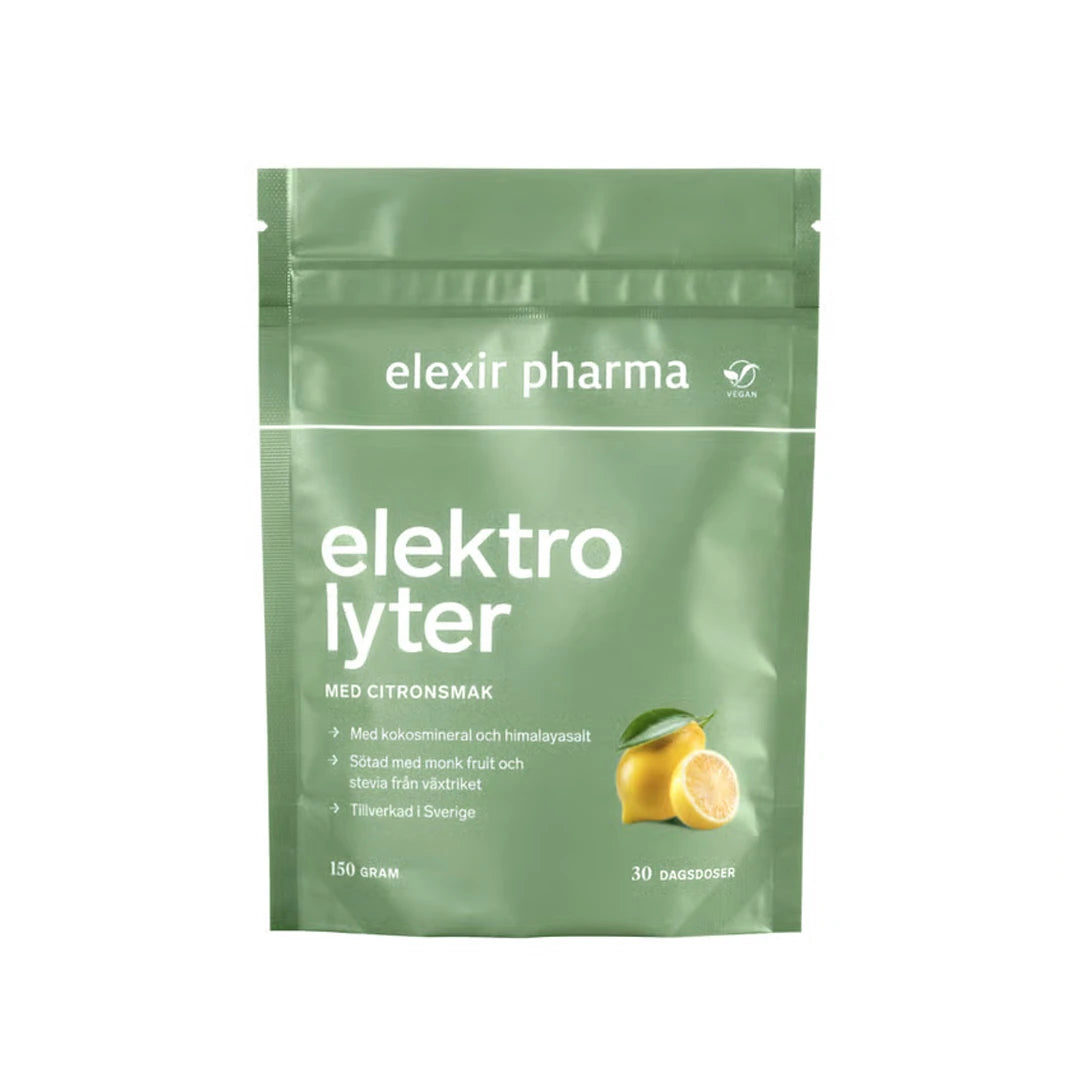Elexir Pharma Elektrolyter 150 g -elektrolyyttijauhetta vaaleanvihreässä pussissa, jossa on sitruunakuvio., kuva 1/1