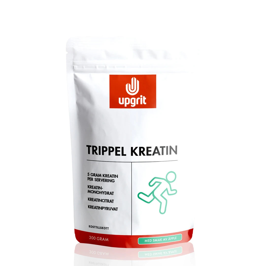 Upgrit Trippel Kreatin 300 g -jauhe valkoisessa pussissa, jossa on punaisia ja vihreitä yksityiskohtia sekä vihreä hahmo., kuva 1/1