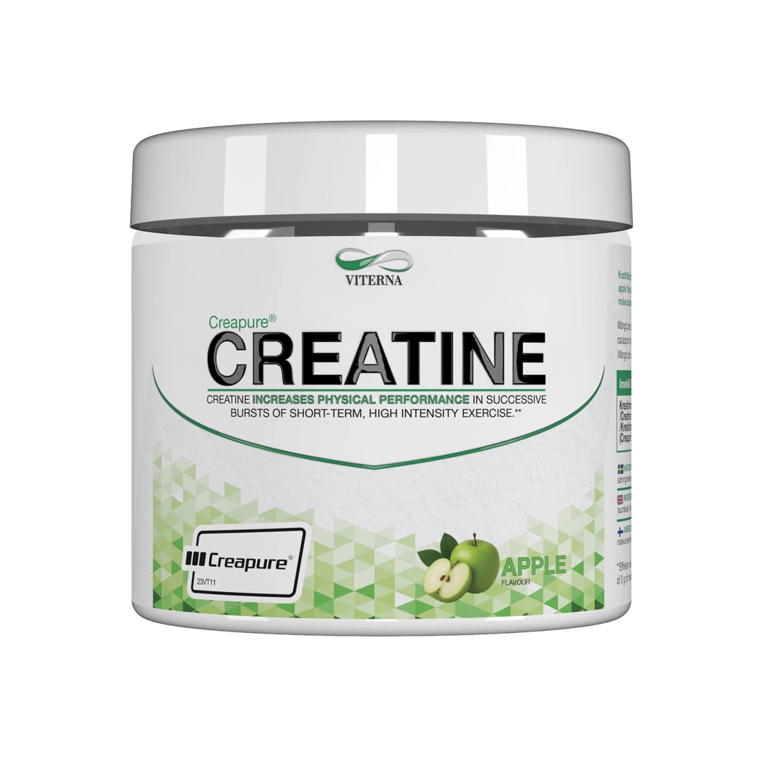Viterna Creapure® 300 g -kreatiinijauhe valkoisessa purkissa vihreillä yksityiskohdilla ja omenoilla, makuna Apple., kuva 1/3