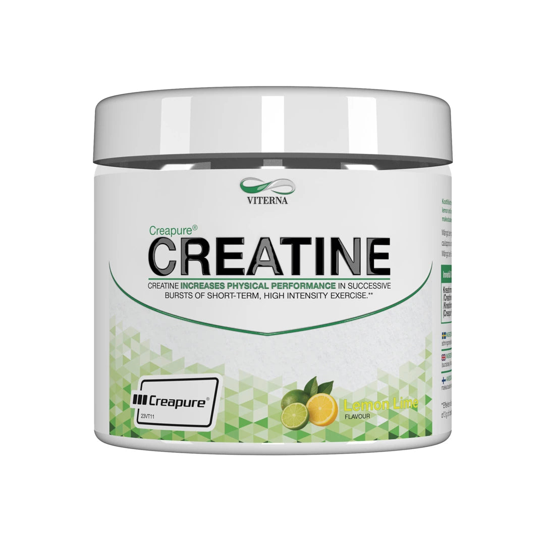 Viterna Creapure® 300 g -kreatiinijauhe valkoisessa purkissa vihreillä yksityiskohdilla, makuna Lemon Lime.