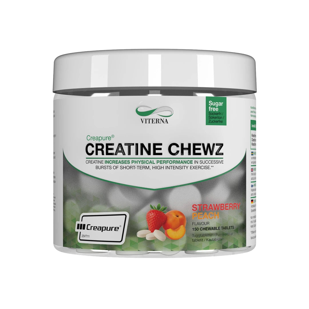 Viterna Creapure® Chewz 150 pcs -purutabletit läpinäkyvässä purkissa valkoisella kannella, makuna Strawberry Peach., kuva 2/2