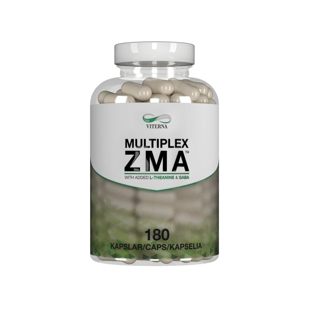 Viterna ZMA Multiplex 180 caps läpinäkyvässä purkissa valko-vihreällä etiketillä, täynnä vaaleita kapseleita., kuva 1/1