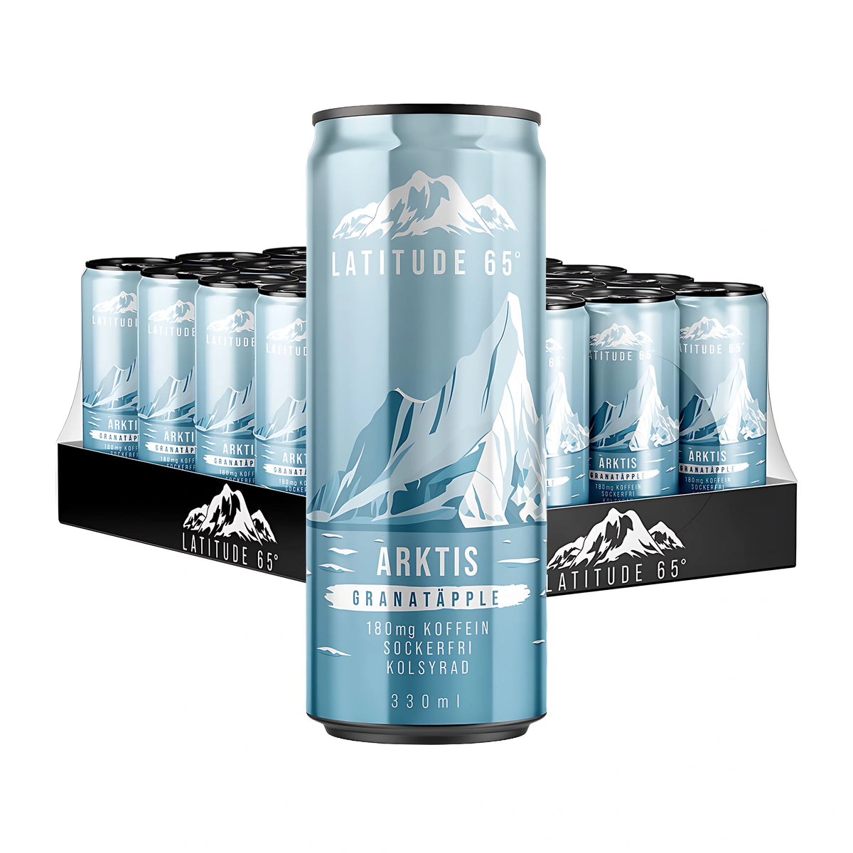 24 x Latitude 65 330 ml Arktis - Granatäpple lavalla, jossa on vaaleansinisiä vuorikuviolla koristeltuja tölkkejä.