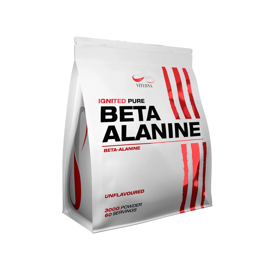 Viterna Beta Alanine Powder 300 g i en vit påse med röda detaljer och svart text för naturell smak., bild 1 av 1