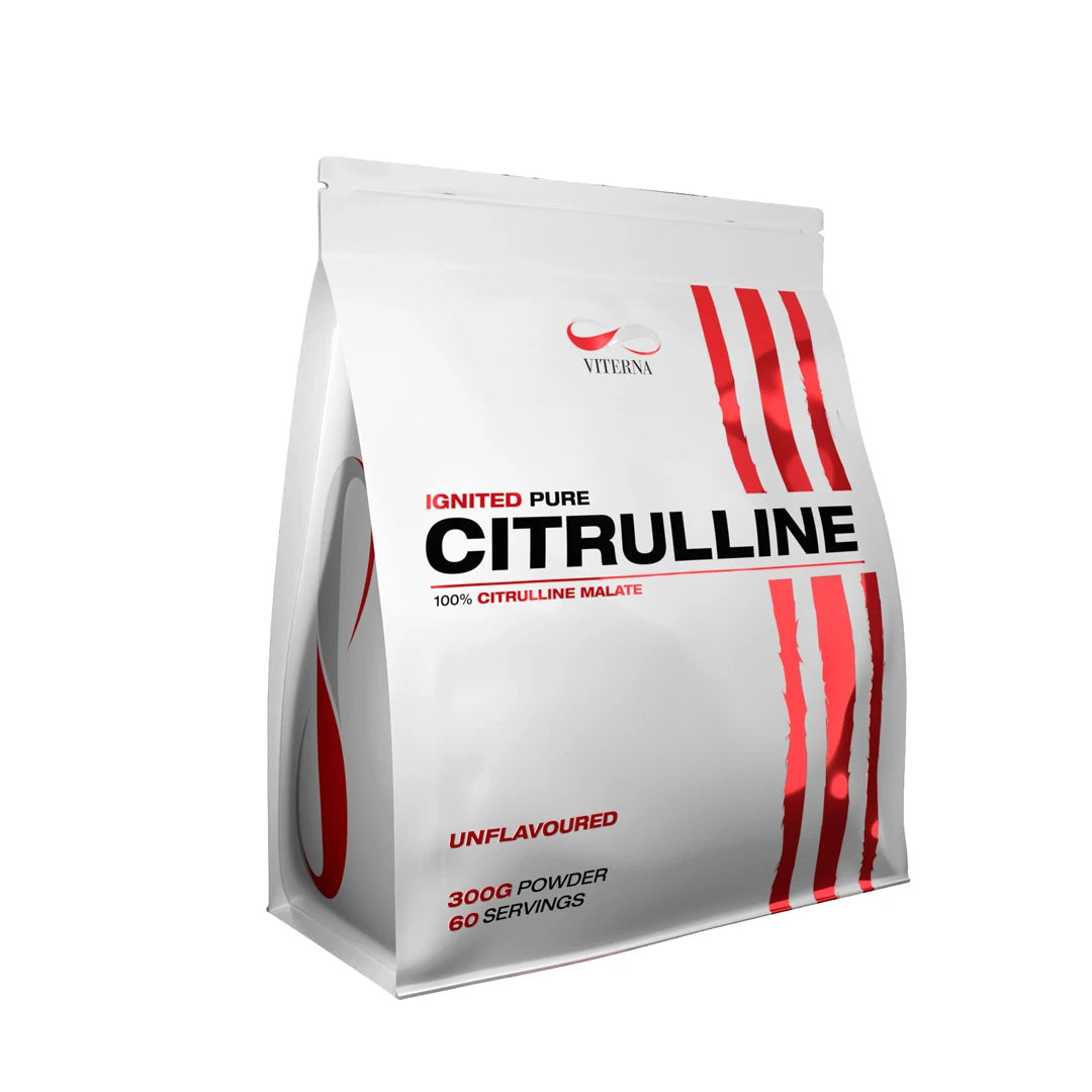 Viterna Citruline Malate Powder 300 g -aminohappojauhe valkoisessa pussissa punaisilla yksityiskohdilla, maustamaton., kuva 1/1