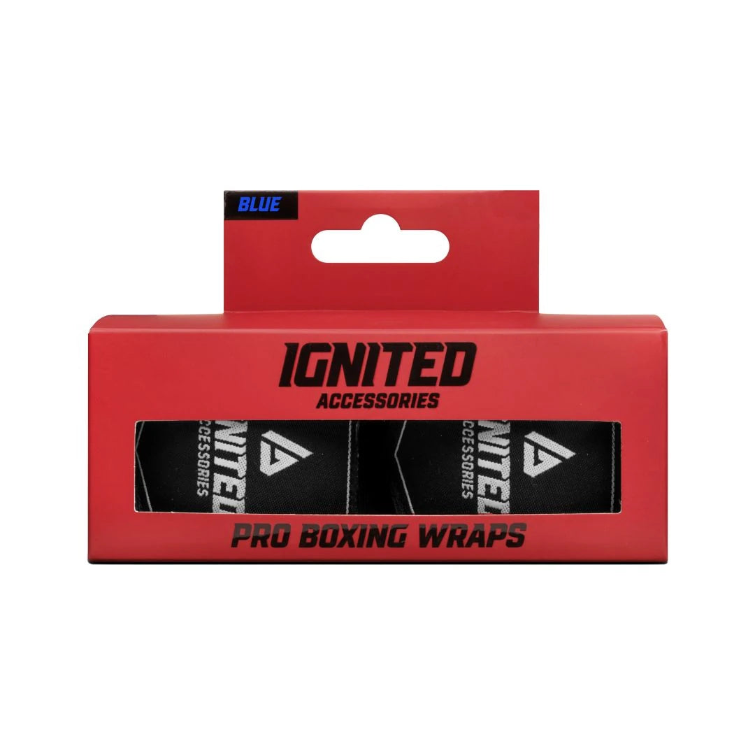 Tummansiniset ja joustavat Ignited Boxing Hand Wraps Deep Blue 4.5 -nyrkkeilysiteet punaisessa pakkauksessa.
