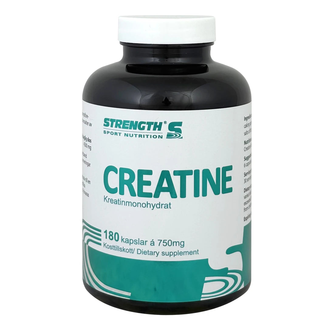 Strength Sport Nutrition Kreatin 180 caps mustassa muovipurkissa, jossa on valkoinen kansi ja vihreävalkoinen etiketti., kuva 1/1