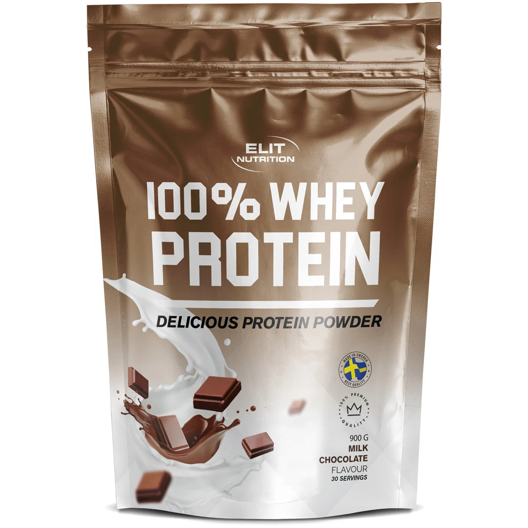 Elit Nutrition 100% Whey Protein 900 g i en brun och vit påse med chokladbitar för smaken Milk Chocolate., bild 1 av 6
