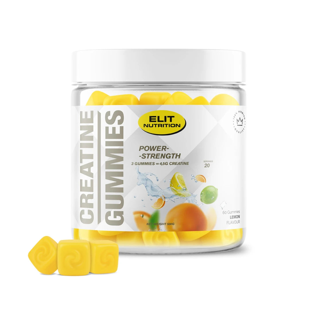 Elit Nutrition Creatine Gummies 60 pcs läpinäkyvässä purkissa täynnä keltaisia sitruunanmakuisia karkkeja., kuva 1/1