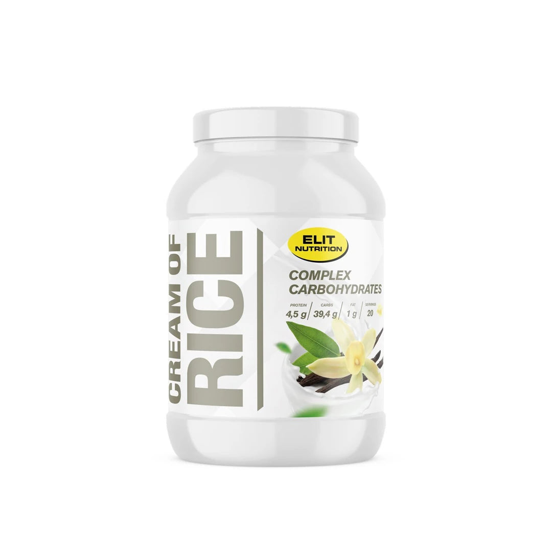 Elit Nutrition Cream of Rice 1 kg -hiilihydraattijauhe valkoisessa purkissa, jossa on vaniljakukan kuva., kuva 1/1