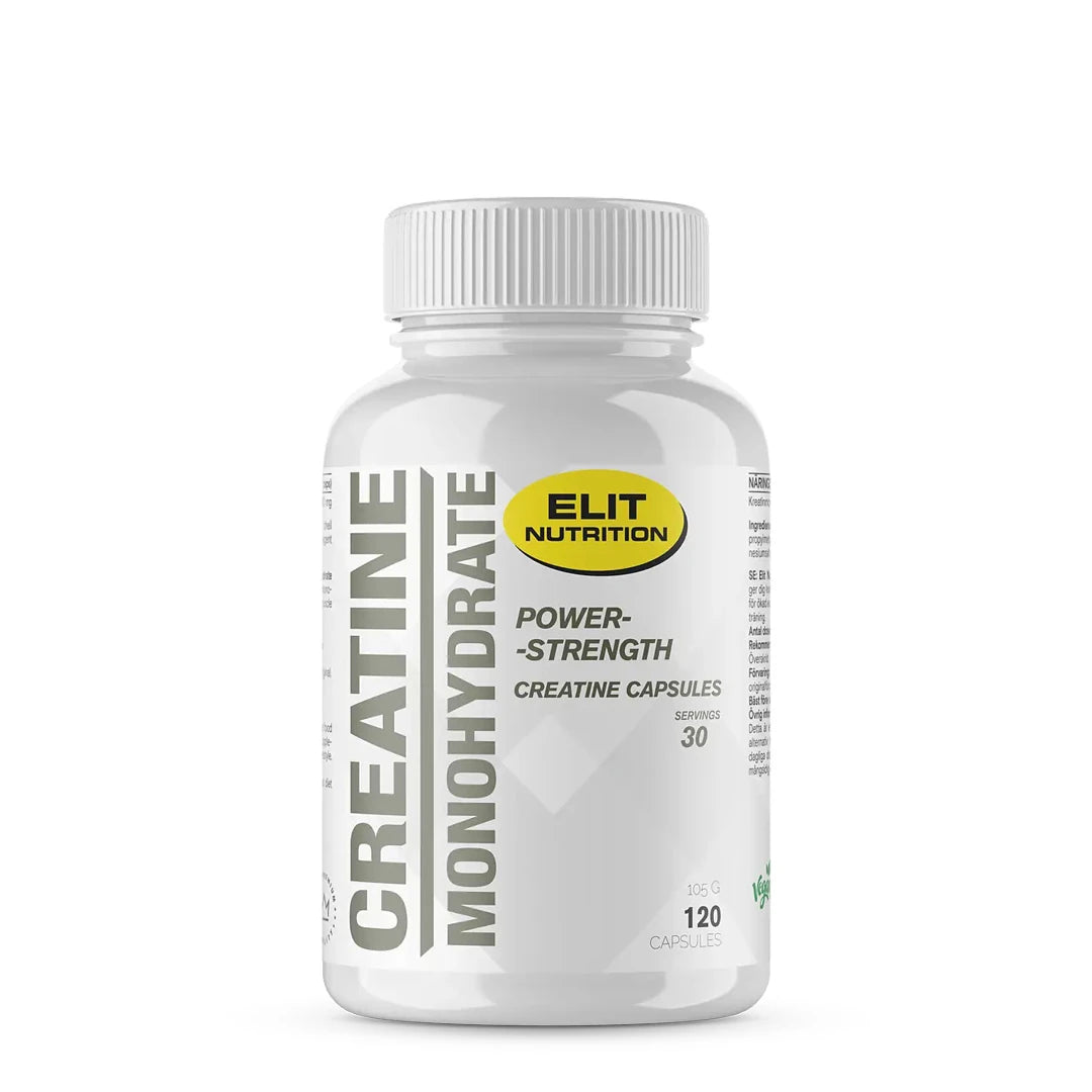 Elit Nutrition Creatine Monohydrate 120 caps valkoisessa muovipurkissa, jossa on harmaa teksti ja keltainen logo., kuva 1/1