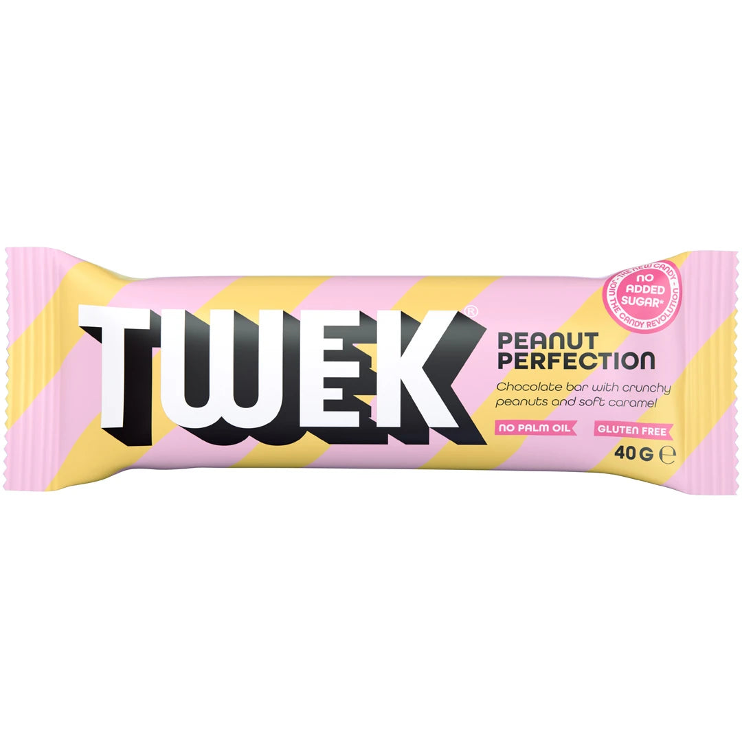 Tweek Sweets Bar 40 g -suklaapatukka maussa Peanut Perfection kelta-vaaleanpunaraidallisessa kääreessä., kuva 1/3