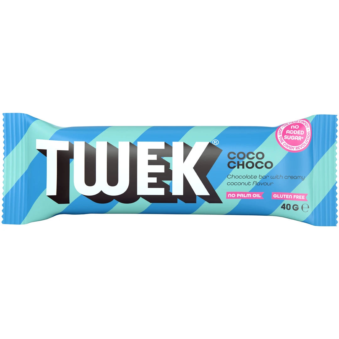 Tweek Sweets Bar 40 g -suklaapatukka vaaleansinisessä ja turkoosiraidallisessa pakkauksessa, makuna Coco Choco., kuva 2/3