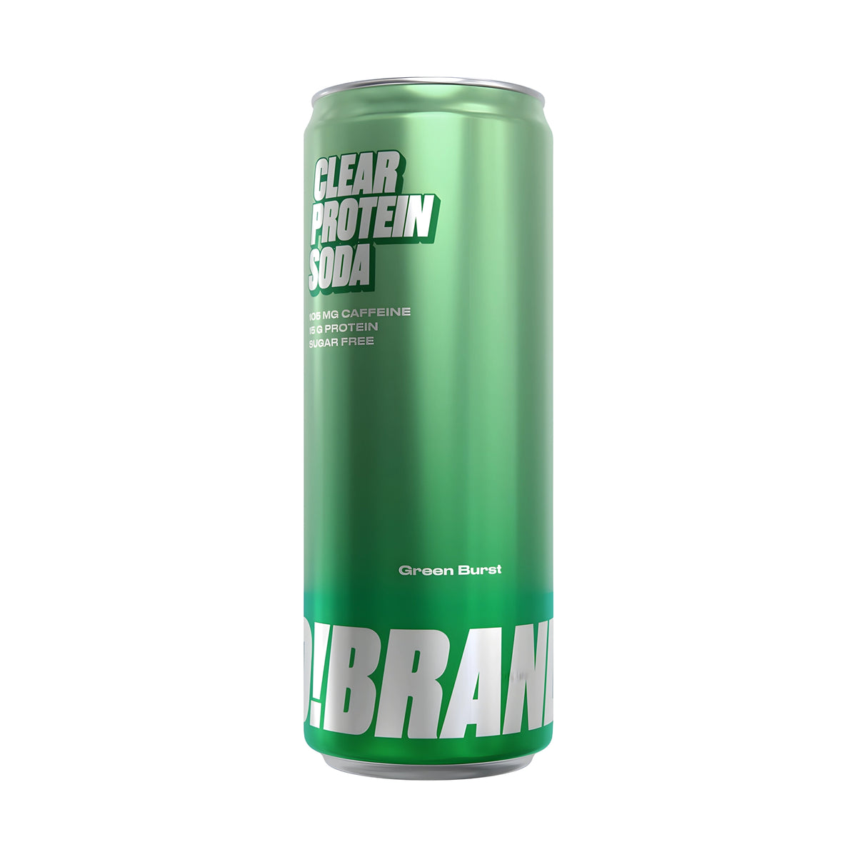Pro Brands Clear Protein Soda 330 ml -proteiinijuoma vihreässä metallitölkissä valkoisella tekstillä, makuna Green Burst.