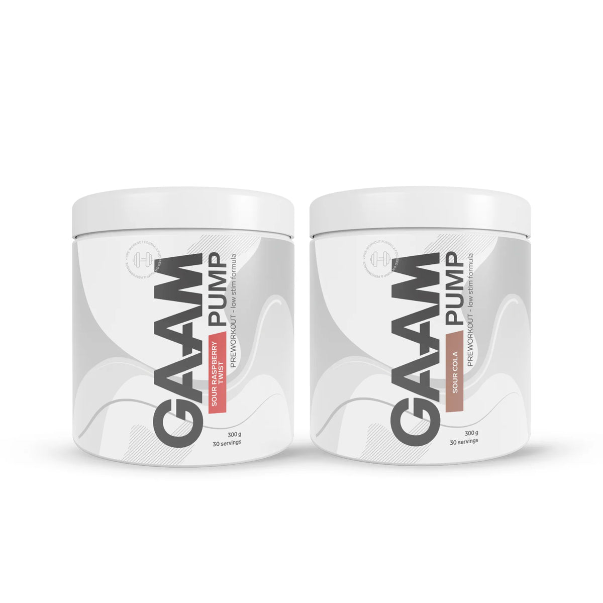 2 x GAAM PUMP 300 g 2-pack valkoisissa purkeissa harmailla kuvioilla, makuina Sour Raspberry Twist ja Sour Cola., kuva 1/1