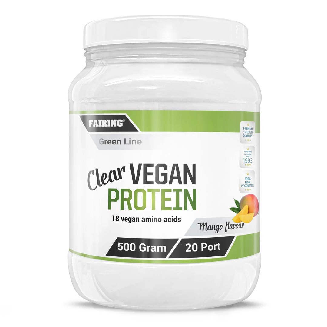 Fairing Clear Vegan Protein 500 g -vegaaninen proteiinijauhe valkoisessa muovipurkissa vihreällä etiketillä, makuna Mango., kuva 1/1