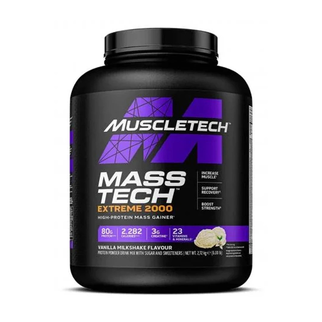 Muscletech Mass-Tech Extreme 2000 2.72 kg -gaineri mustassa purkissa liiloilla yksityiskohdilla, makuna Vanilla Milkshake., kuva 1/1