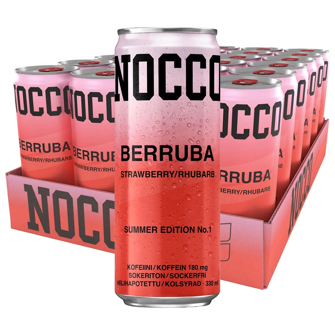 24 x NOCCO BCAA 330 ml Berruba -energiajuomatölkkejä vaaleanpunaisessa esittelylaatikossa, jossa on kondenssivesipisaroita., kuva 1/1