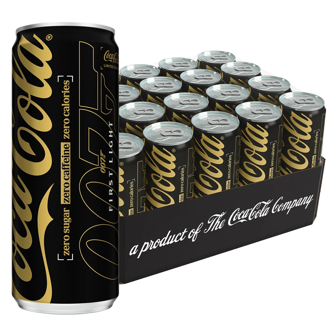 20 x Coca-Cola Zero 330 ml Kofeiiniton mustassa lavassa, jossa on yhteensopivia mustia tölkkejä kultaisilla yksityiskohdilla., kuva 1/1