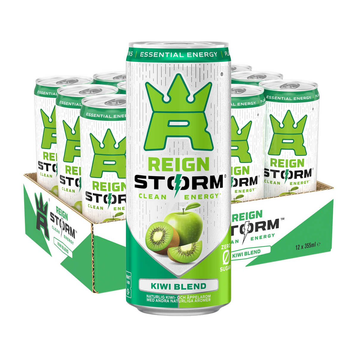 12 x Reign Storm Energy 355 ml Kiwi Blend vihreävalkoisessa laatikossa, jossa on yhteensopivia tölkkejä.