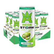 12 x Reign Storm Energy 355 ml Kiwi Blend i ett grönt och vitt flak med matchande burkar.