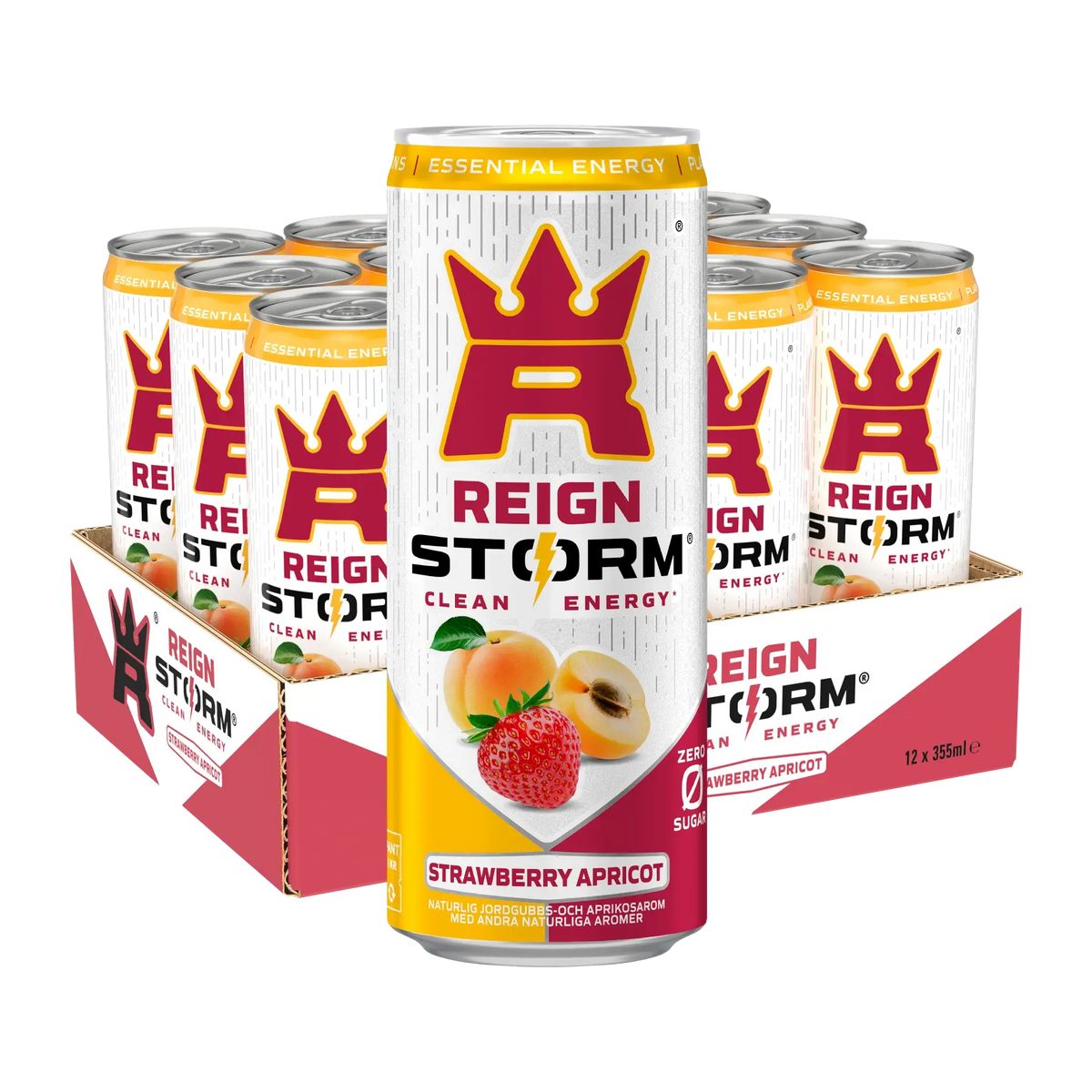 12 x Reign Storm Energy 355 ml lavalla valko-punaisissa tölkeissä, makuna Strawberry Apricot., kuva 1/1