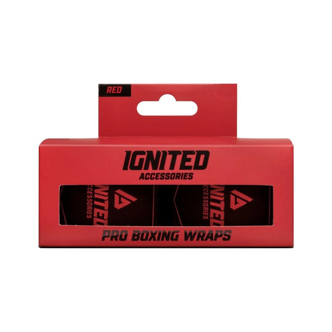 Ignited Boxing Hand Wraps Red 4.5 -nyrkkeilysiteet punaisessa pakkauksessa mustilla yksityiskohdilla., kuva 1/1