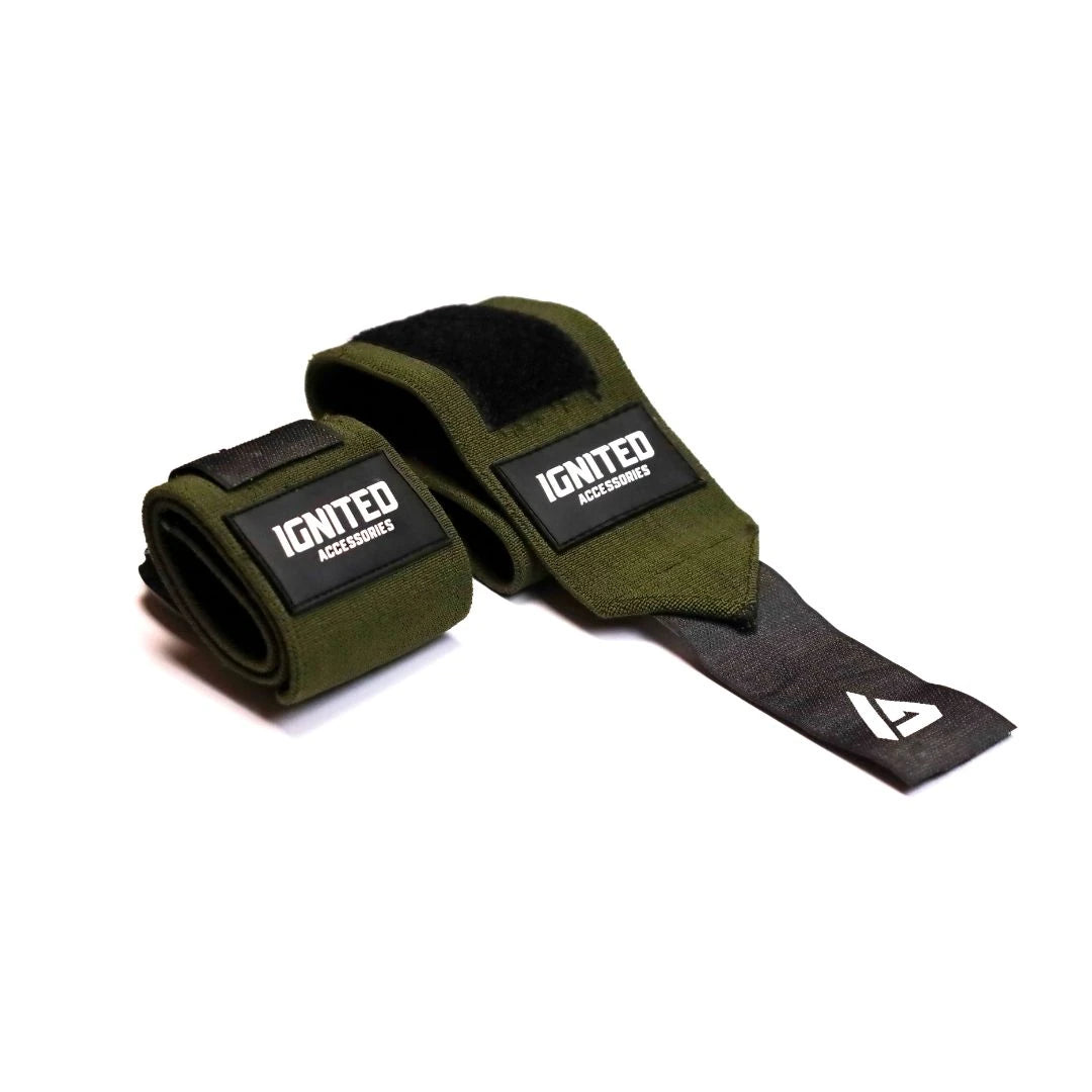 Armeijanvihreät Ignited Pro Wrist Wraps Military Green 13" -rannetuet mustilla yksityiskohdilla raskaisiin nostoihin., kuva 1/1