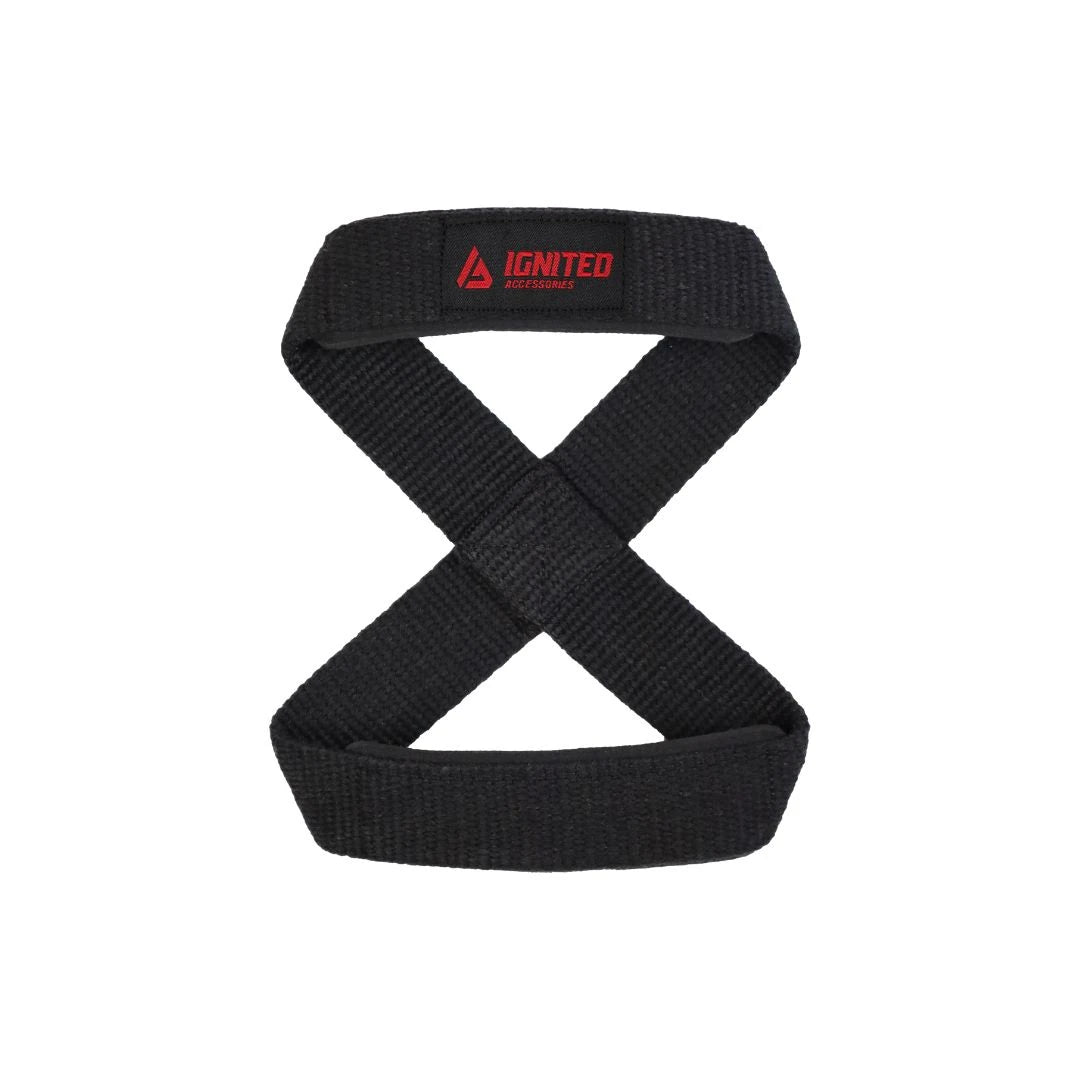 Mustat Ignited Figure 8 Lifting Straps -vetoremmit kestävää puuvillaa punaisella logolla raskaisiin nostoihin.