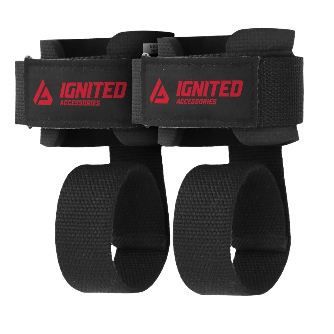 Kaksi mustaa Ignited Supported Lifting Straps Black -vetoremmiä canvas- ja neopreenimateriaalista punaisilla logoilla., kuva 1/1
