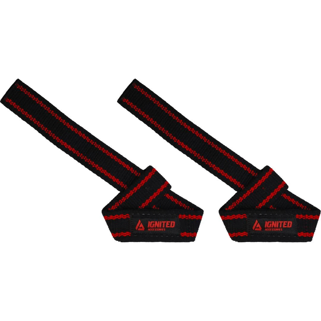 Ignited Premium Padded Lifting Straps Black/Red, två svarta lyftremmar i bomullscanvas med röda detaljer och vaddering., bild 1 av 1