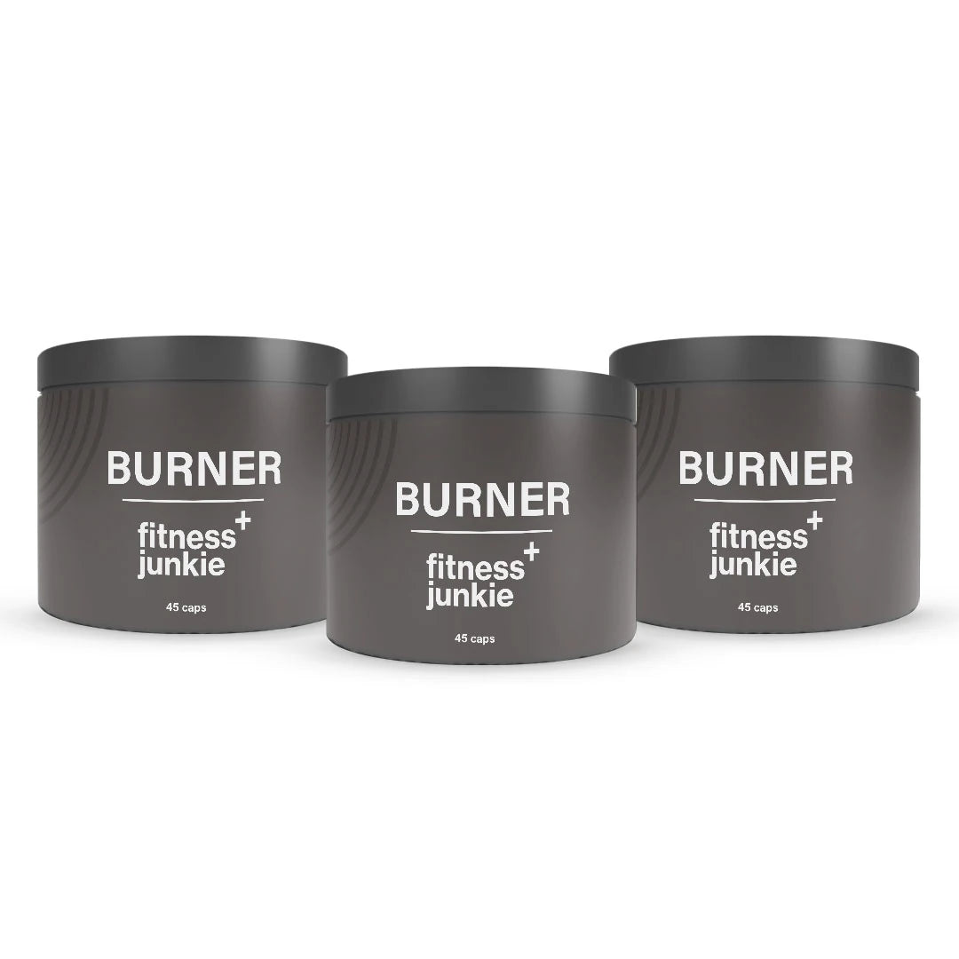 3 x fitnessjunkie Burner 45 caps bestående av tre mörkgrå burkar med svarta lock., bild 1 av 1