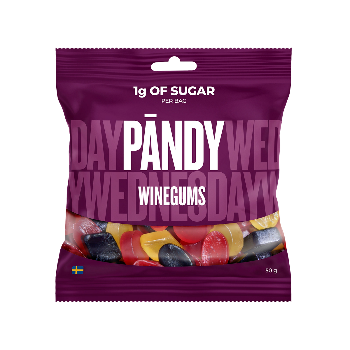 Pändy Candy 50 g Winegums violetissa pussissa, joka on täynnä värikkäitä viinikumeja.