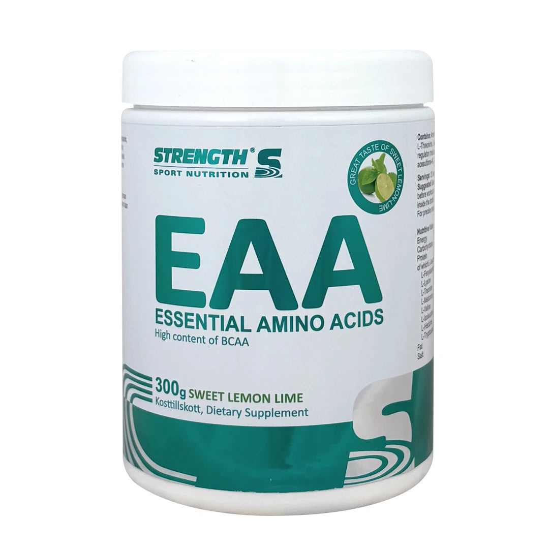 Strength Sport Nutrition EAA 300 g -aminohappojauhe valkoisessa purkissa vihreillä yksityiskohdilla, makuna Sweet Lemon Lime., kuva 2/3