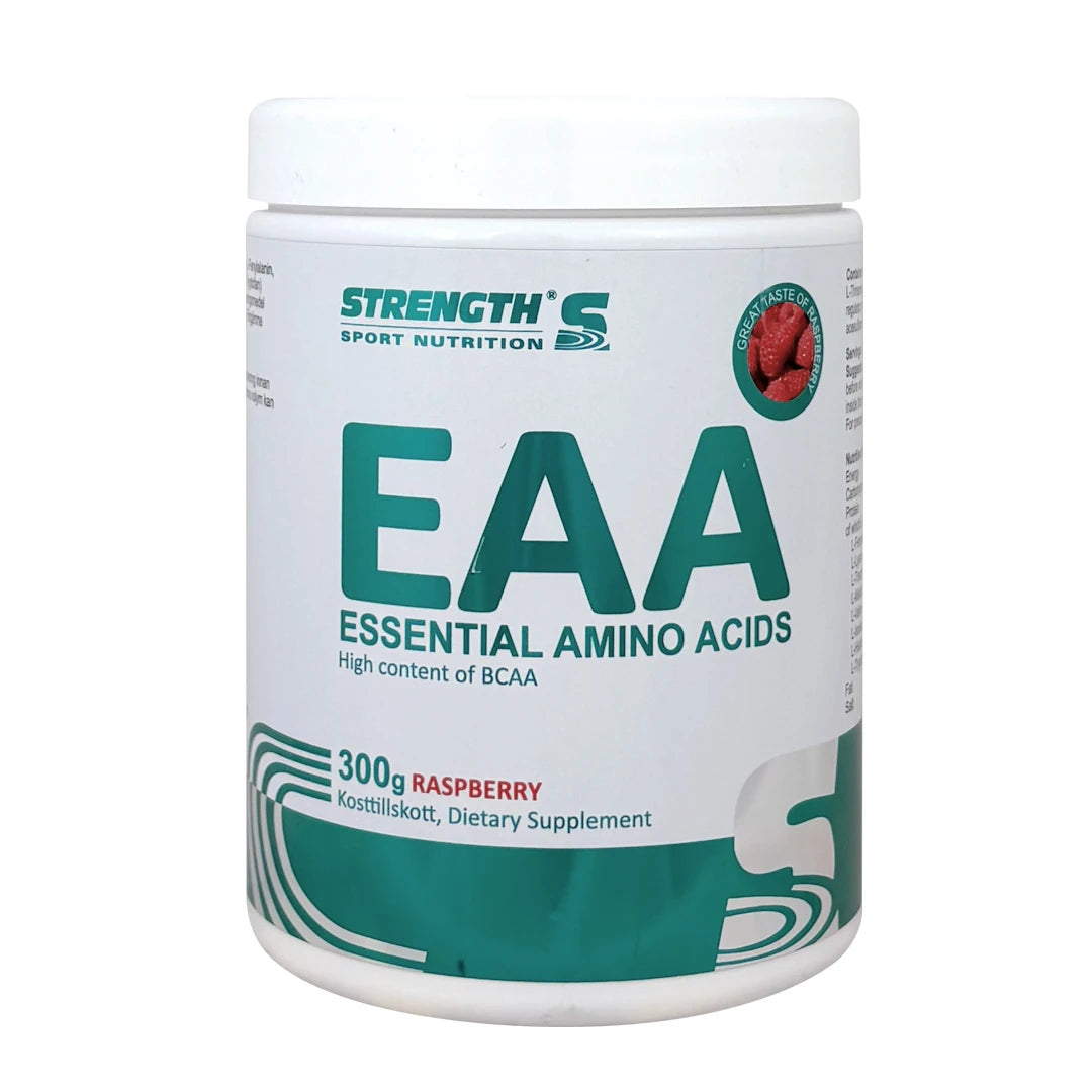 Strength Sport Nutrition EAA 300 g -aminohappojauhe valkoisessa purkissa turkooseilla yksityiskohdilla, makuna Raspberry., kuva 3/3