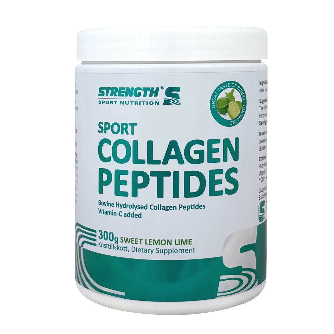 Strength Sport Nutrition Collagen Peptides 300 g valkoisessa purkissa vihreillä yksityiskohdilla, makuna Sweet Lemon Lime., kuva 1/2