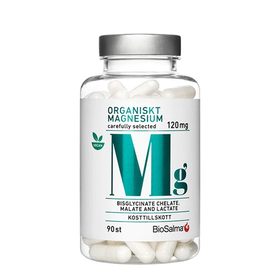 BioSalma Organiskt Magnesium 120 mg 90 tabs läpinäkyvässä purkissa, jossa on hopeinen kansi ja valkoisia kapseleita., kuva 1/1