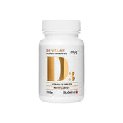 Valkoinen muovipurkki keltaisella tekstillä, jossa on BioSalma D3 Vitamin Medium Concentrate 20 ug 100 tabs -ravintolisä.