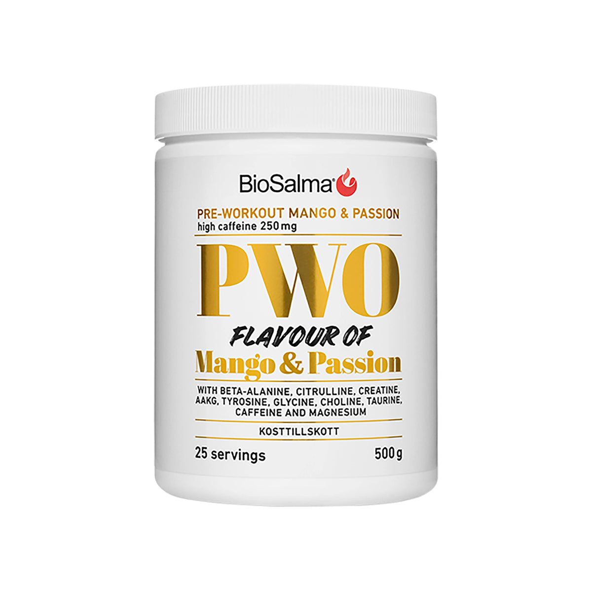 BioSalma PWO 500 g -PWO-jauhe valkoisessa purkissa keltaisilla yksityiskohdilla, makuna Mango Passion., kuva 1/2