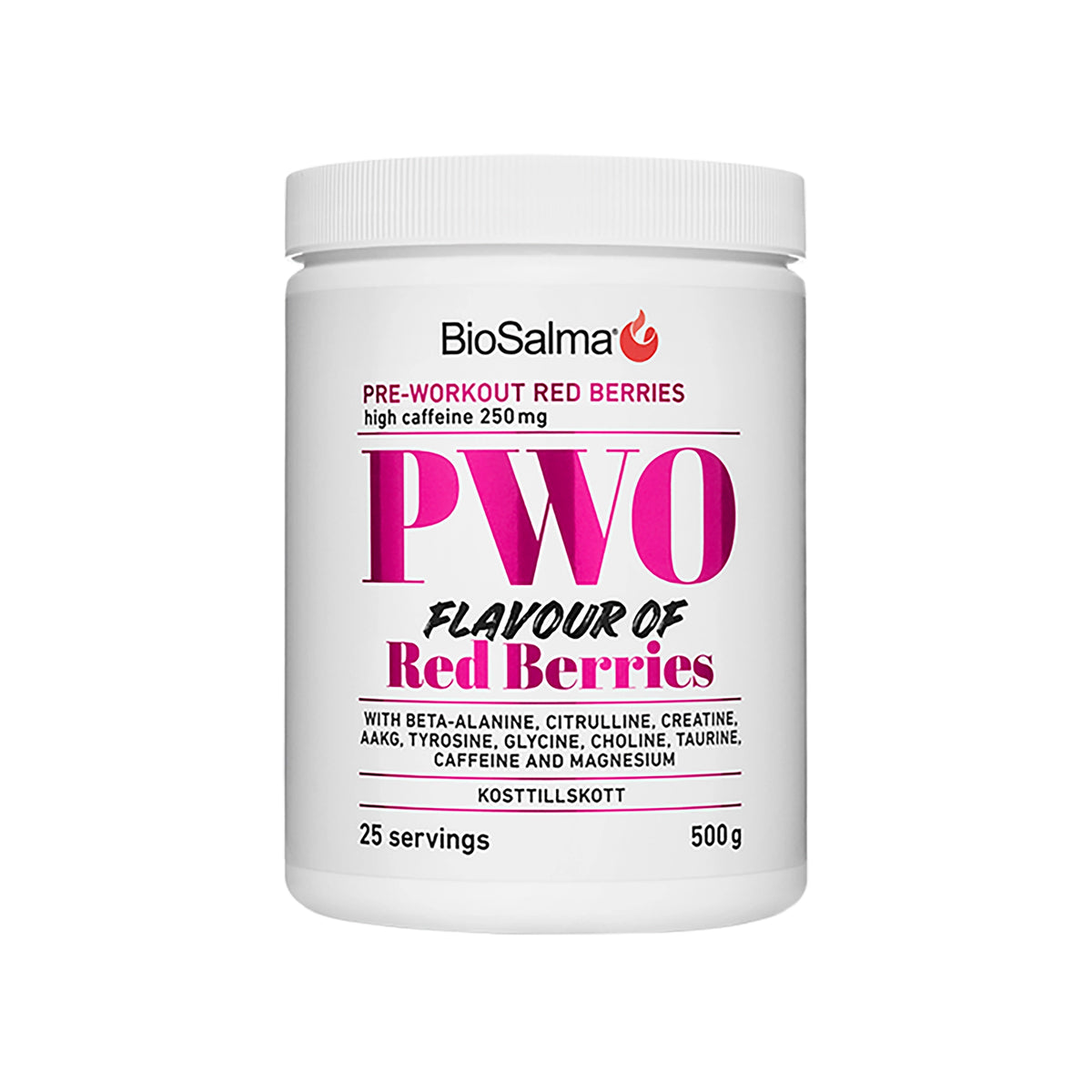 BioSalma PWO 500 g -PWO-jauhe valkoisessa purkissa vaaleanpunaisilla yksityiskohdilla, makuna Red Berries., kuva 2/2