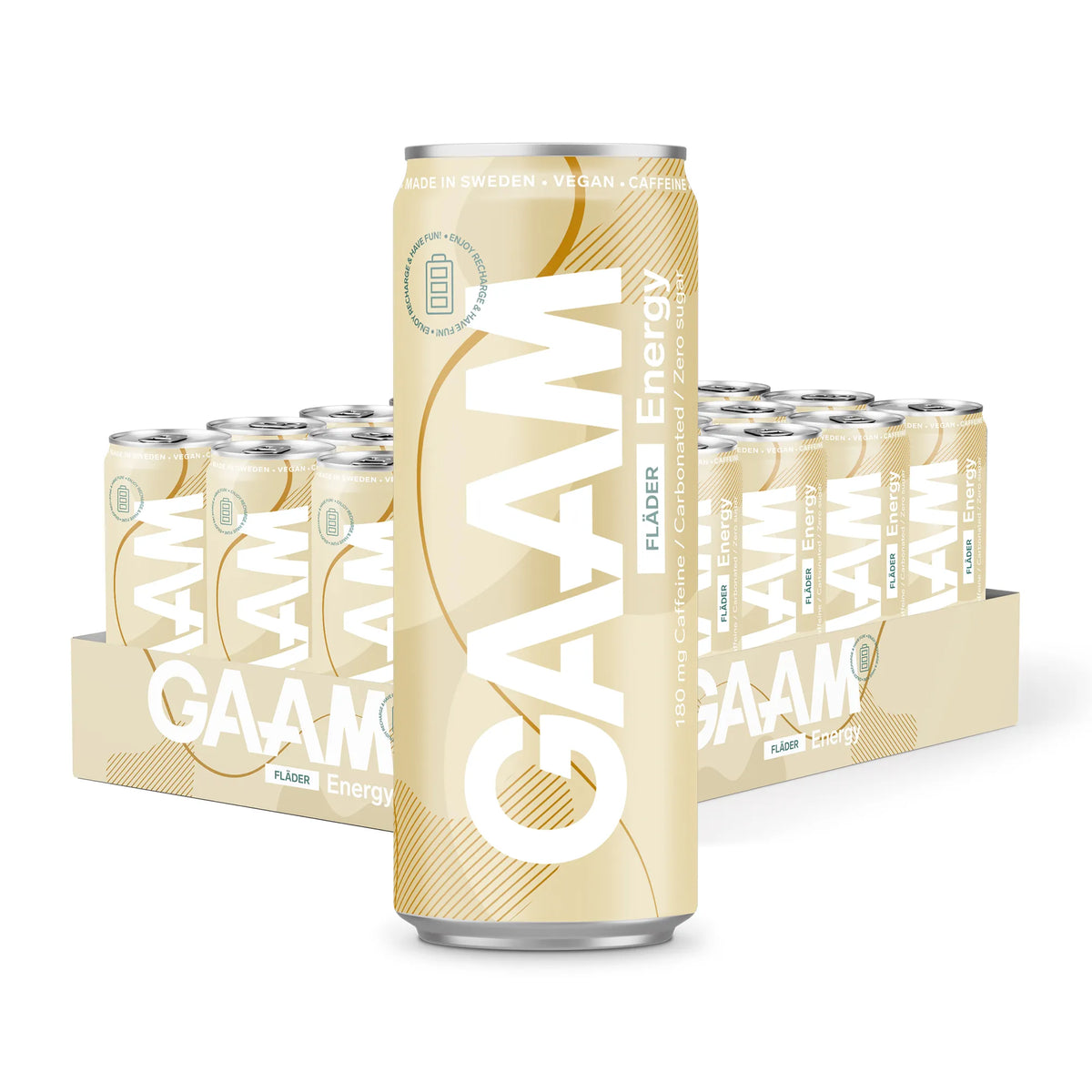 24 x GAAM Energy 330 ml Seljankukka vaalean kultaisessa laatikossa valkoisin yksityiskohdin, yksi tölkki etualalla., kuva 1/1