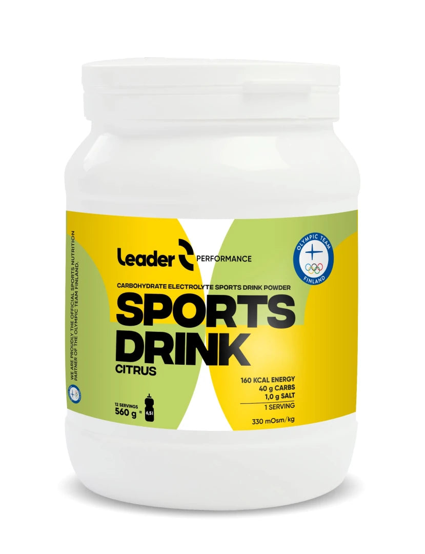 Valkoinen purkki Leader Performance Sport Drink 540 g -urheilujuomajauhetta keltaisella etiketillä, makuna Citrus., kuva 1/1
