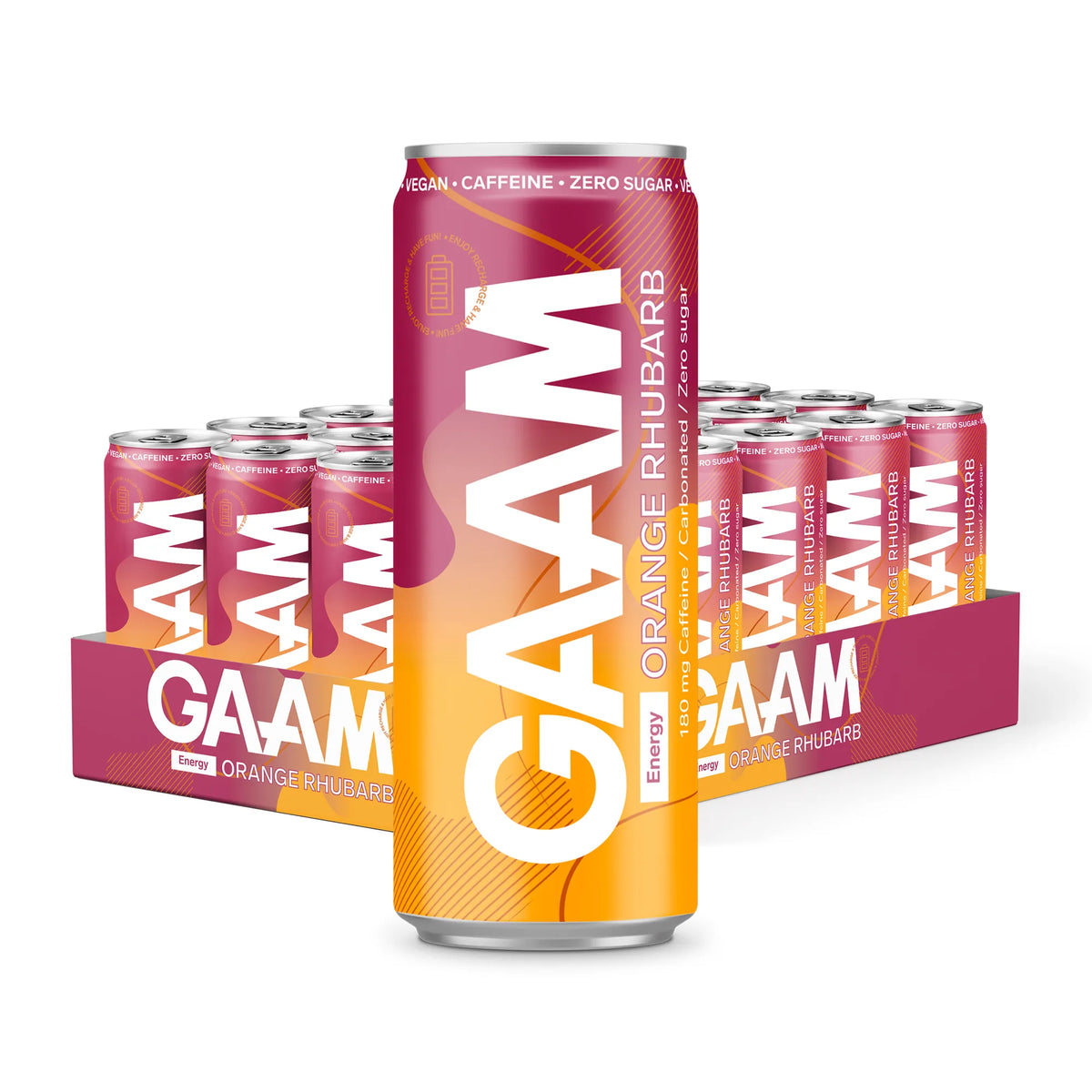 24 x GAAM Energy 330 ml Orange Rhubarb vaaleanpunaisessa ja oranssissa laatikossa yhteensopivilla tölkeillä., kuva 1/1
