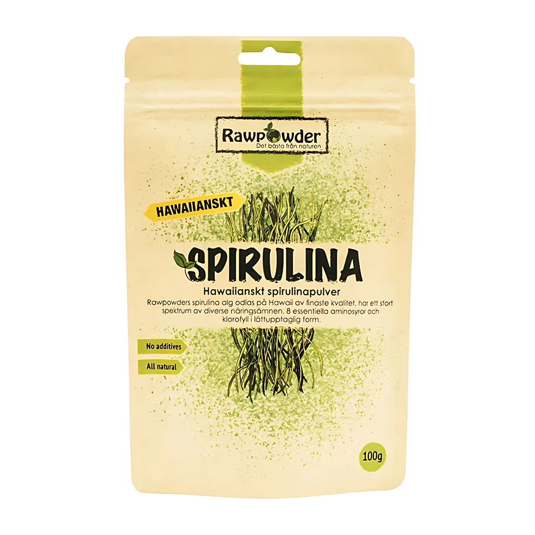 Rawpowder Spirulinapulver Hawaii 100 g vaaleassa pakkauksessa, jossa on vihreää tekstiä ja vihreitä yksityiskohtia., kuva 1/1