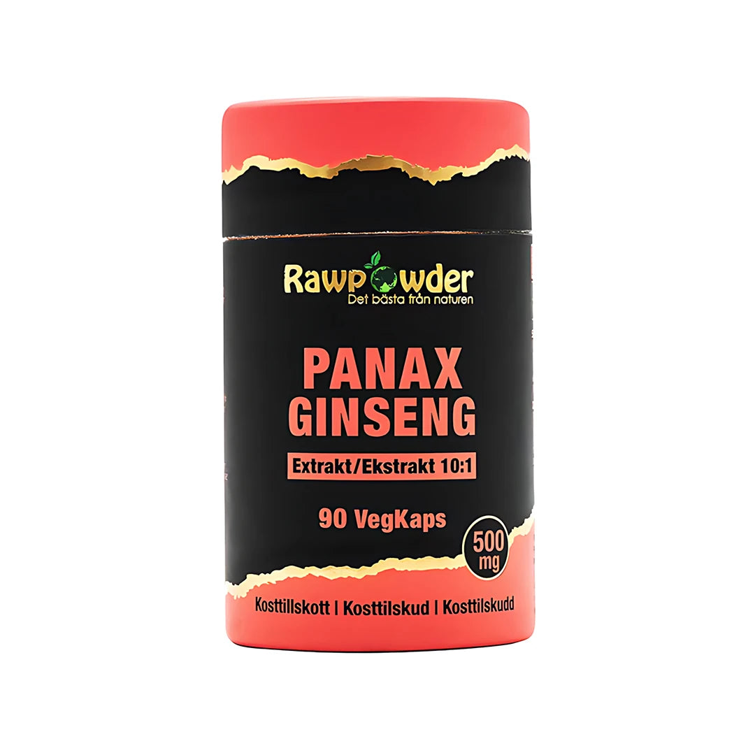 Rawpowder Panax Ginseng 90 caps -ravintolisä mustassa purkissa, jossa on punaisia yksityiskohtia., kuva 1/1