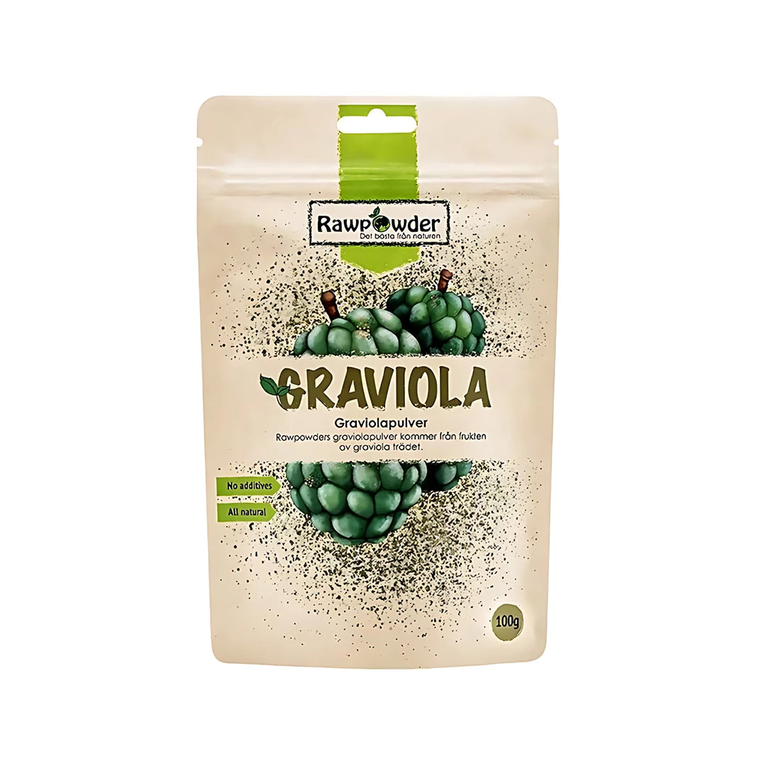 Rawpowder Graviolapulver 100 g beigessä pussissa, jossa on vihreitä yksityiskohtia ja graviola-hedelmien kuvitus., kuva 1/1