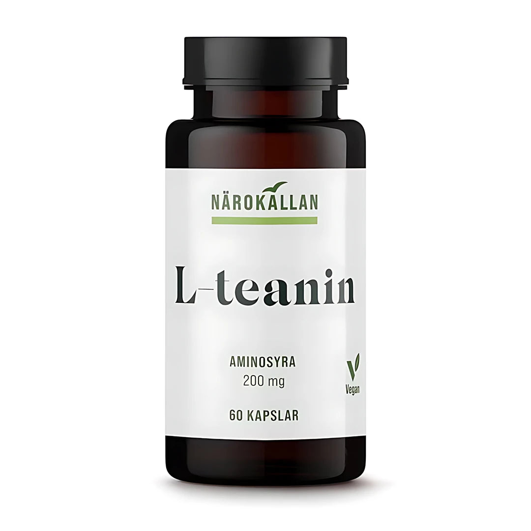Närokällan L-Teanin 60 caps, vegaanisia aminohappoja pakattuna tummanruskeaan muovipurkkiin, jossa on valkoinen etiketti., kuva 1/1