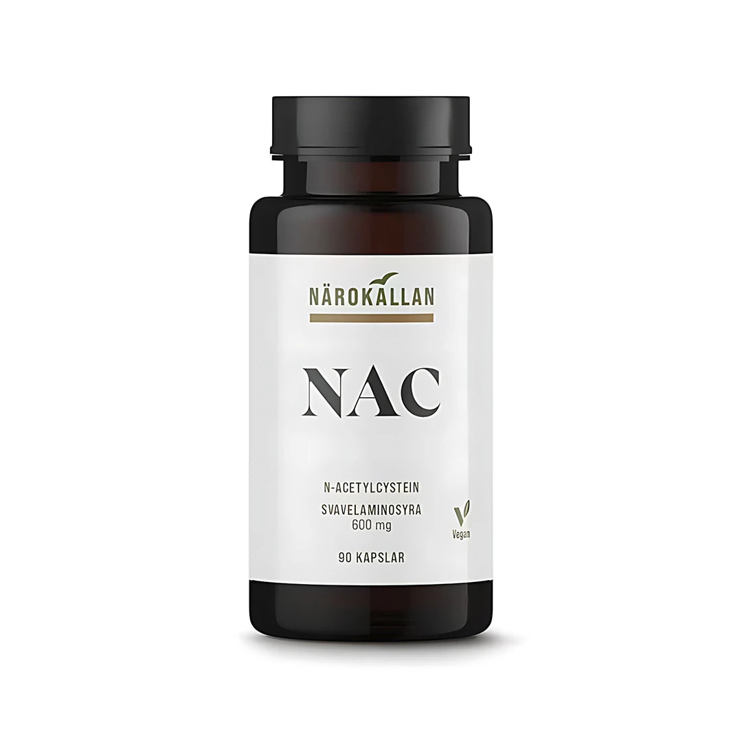 Närokällan NAC N-Acetylcystein 600 mg (90 kapselia) ruskeassa purkissa valkoisella etiketillä ja mustalla kannella., kuva 1/1