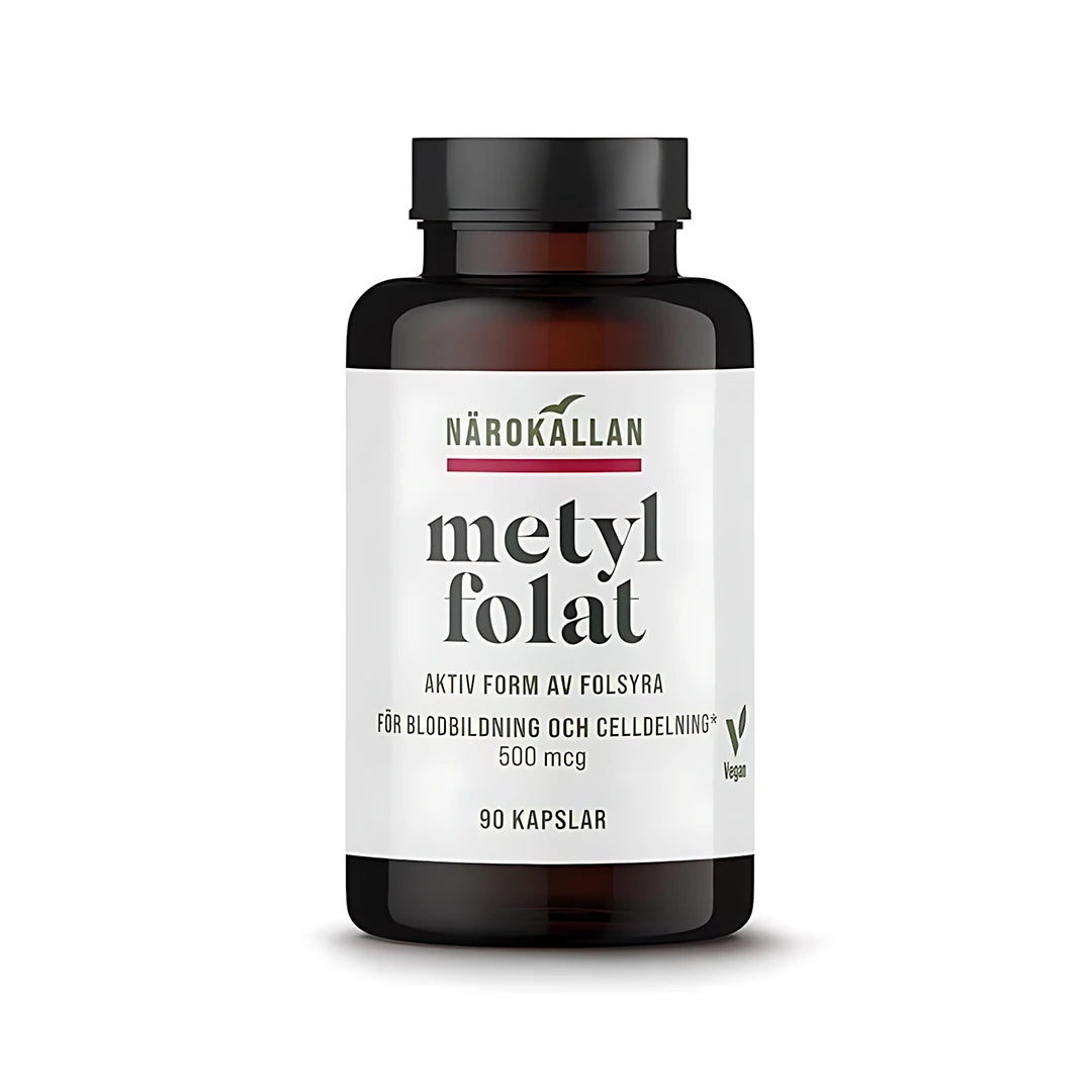 Närokällan Metylfolat 90 caps -vegaaninen ravintolisä tummanruskeassa purkissa valkoisella etiketillä., kuva 1/1