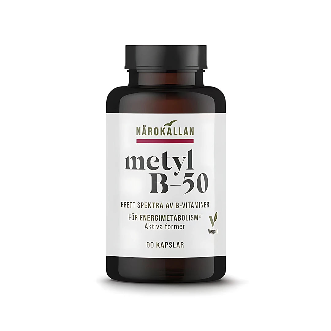 Närokällan Metyl B-50 komplex 90 caps i en mörk glasburk med vit etikett och svart lock., bild 1 av 1
